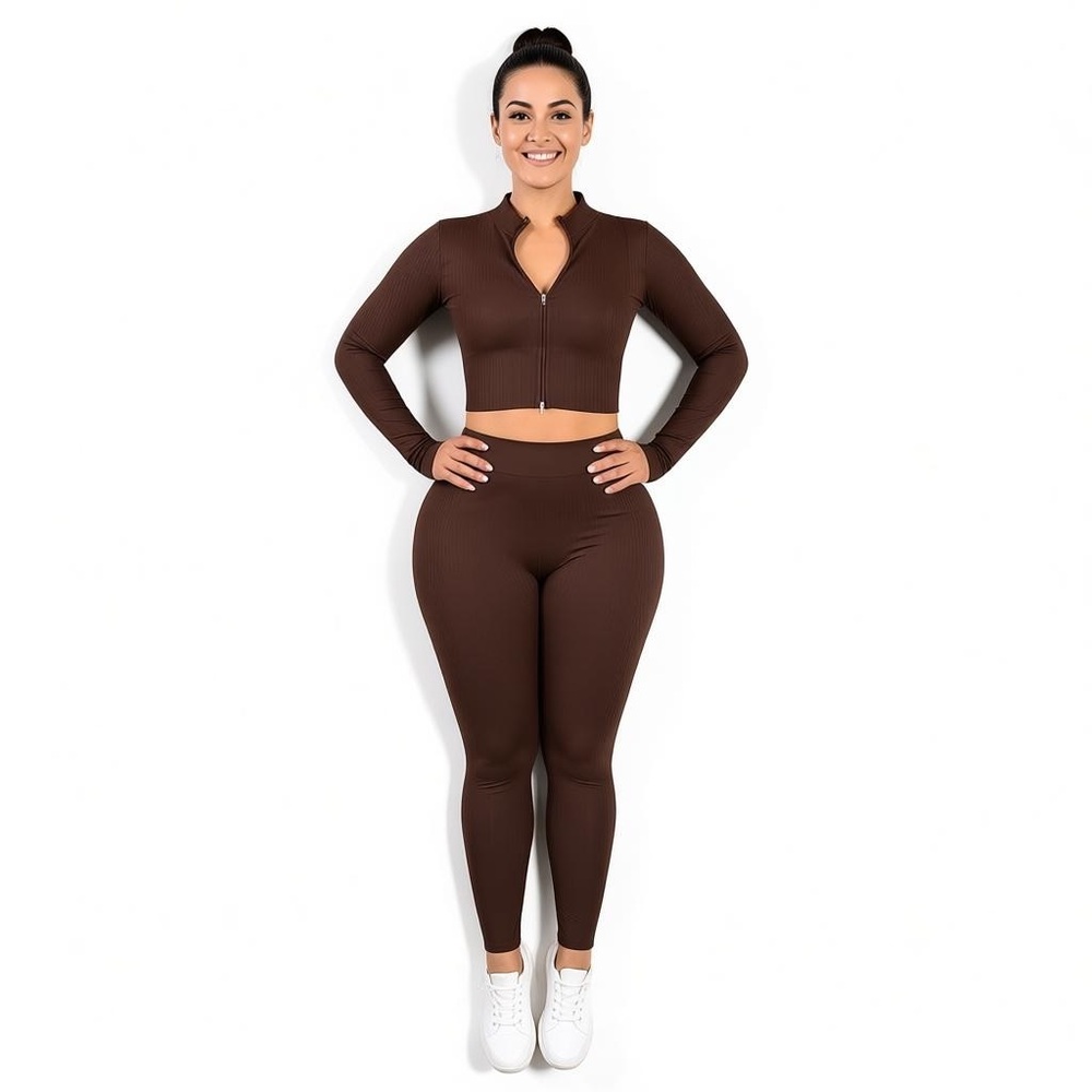 Brown Ribbed Cropped Zip-Up Sweater – Size S - Picture 6 of 6
